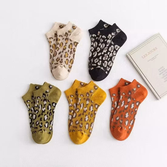 Soft Organic Cotton Womens Leopard Print Jacquard Boat Ankle Socks for Women Men